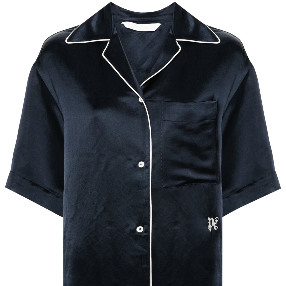 size XS (38) - PALM ANGELS MONOGRAM SATIN BOWLING SHIRT Navy